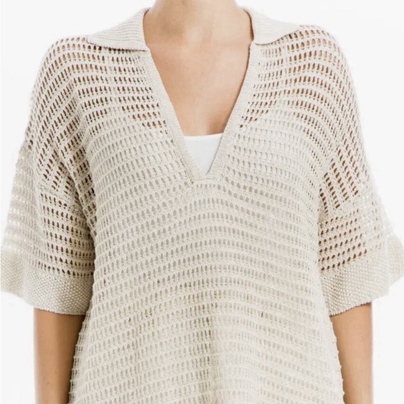 NEW Max Studio V-Neck Knit Polo Sweater in Off White Ivory Loose Knit Oversize L - Picture 1 of 7